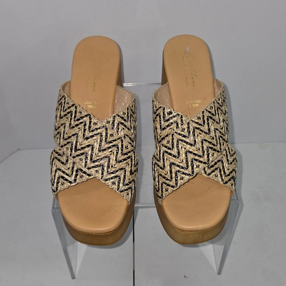 Avellini Italy Woven Raffia Platform Mules Wood Block Heel Sandals Tan Black 39